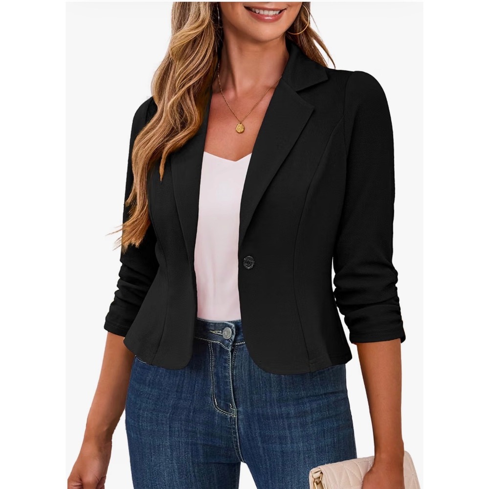 Black Fitted Blazer Ruched 3/4 Sleeve Tailored Workwear Jacket XL